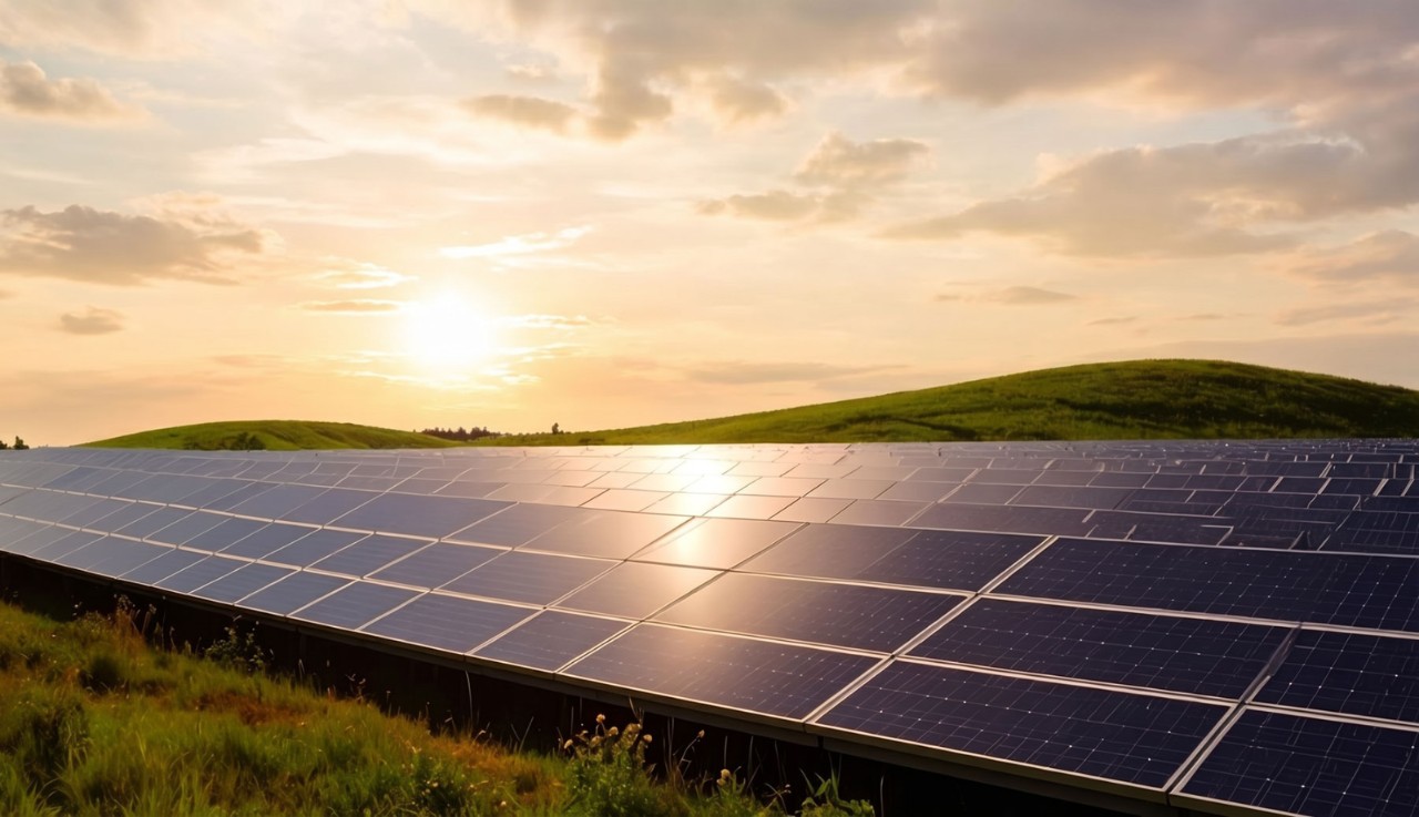Solar panels in a field during sunset