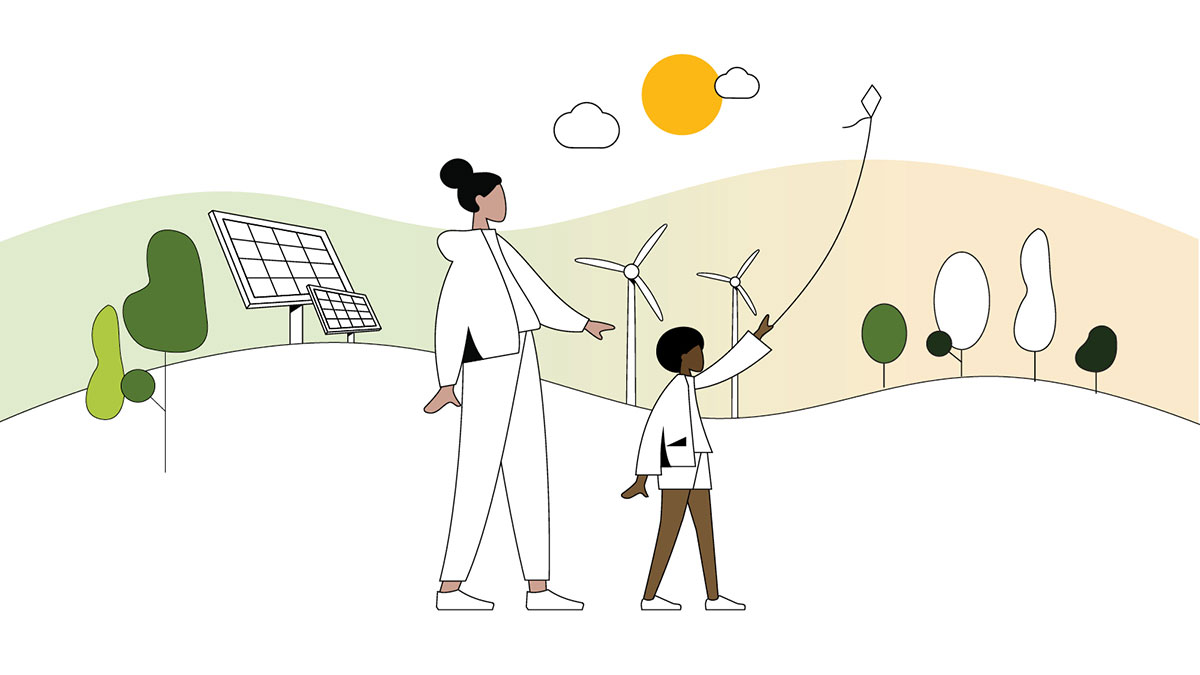 Illustration of a boy flying a kite with mother