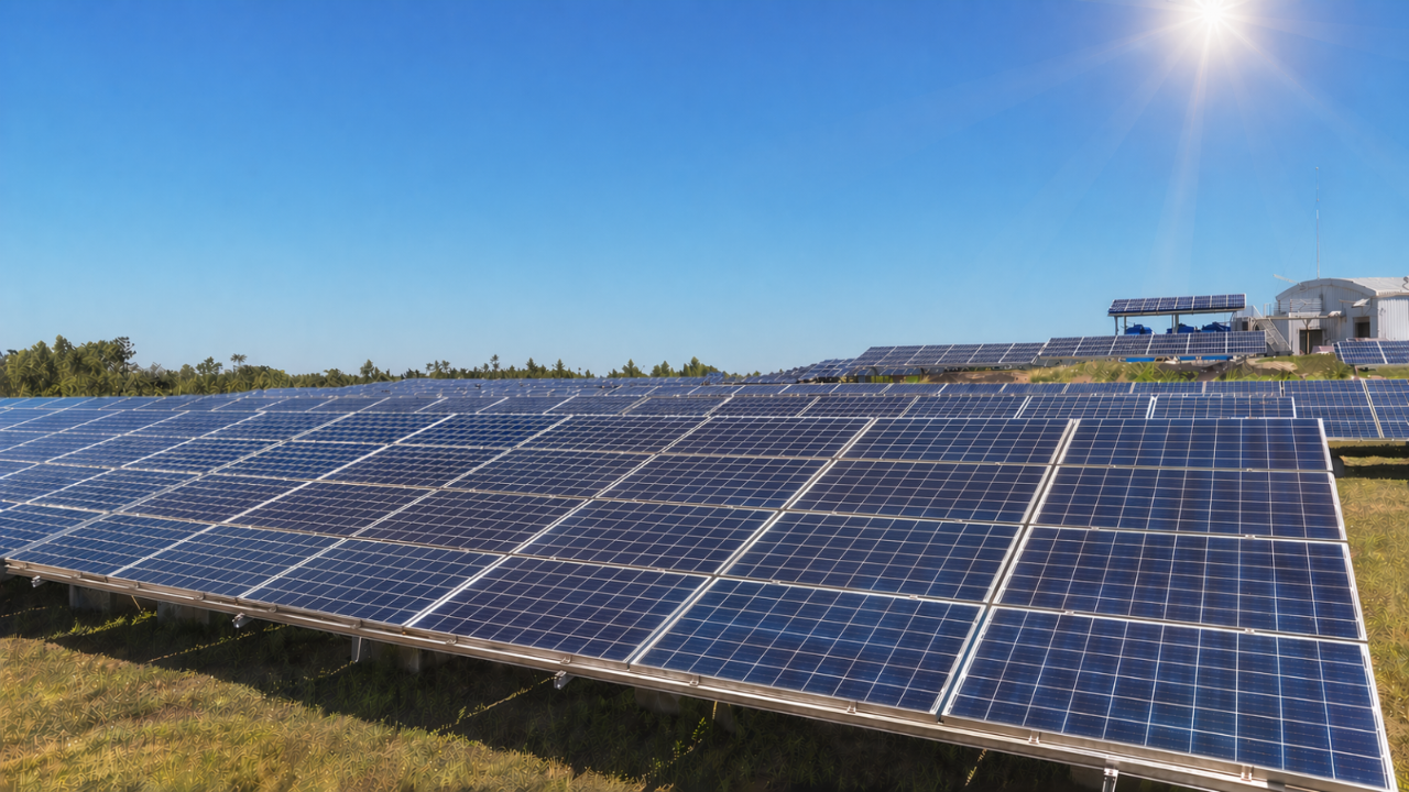 Solar panels in a field with the sun high in the sky
