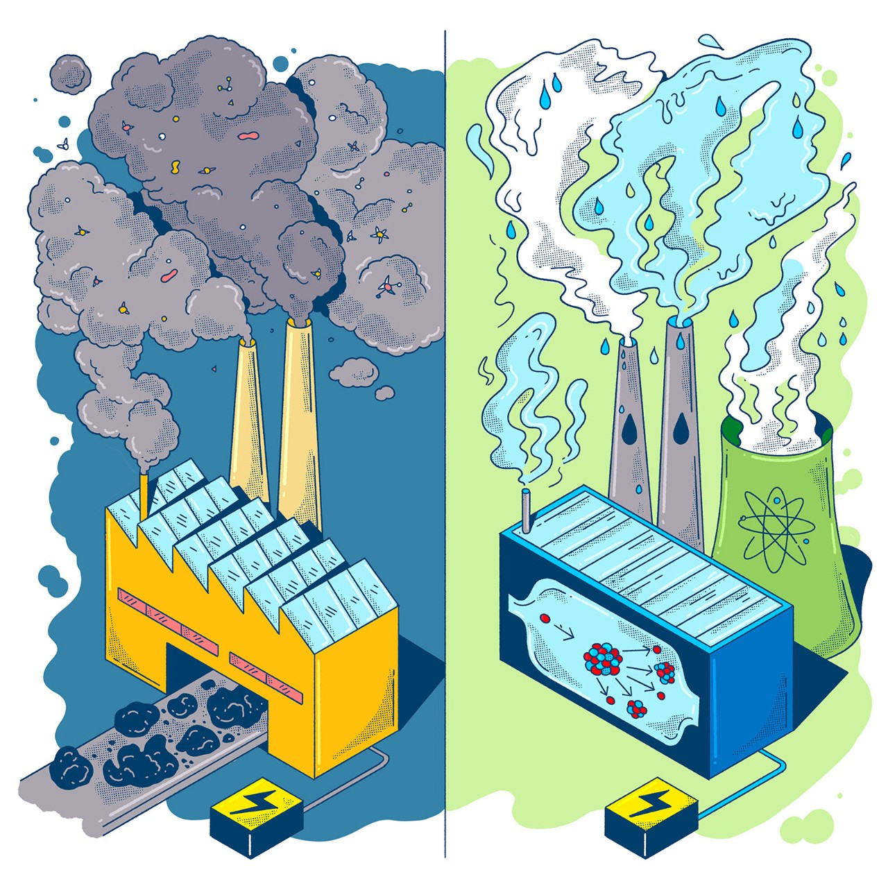 Fossil fuels vs nuclear energy illustration