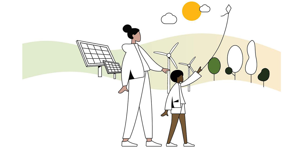 Illustration of a mother and daughter flying a kite